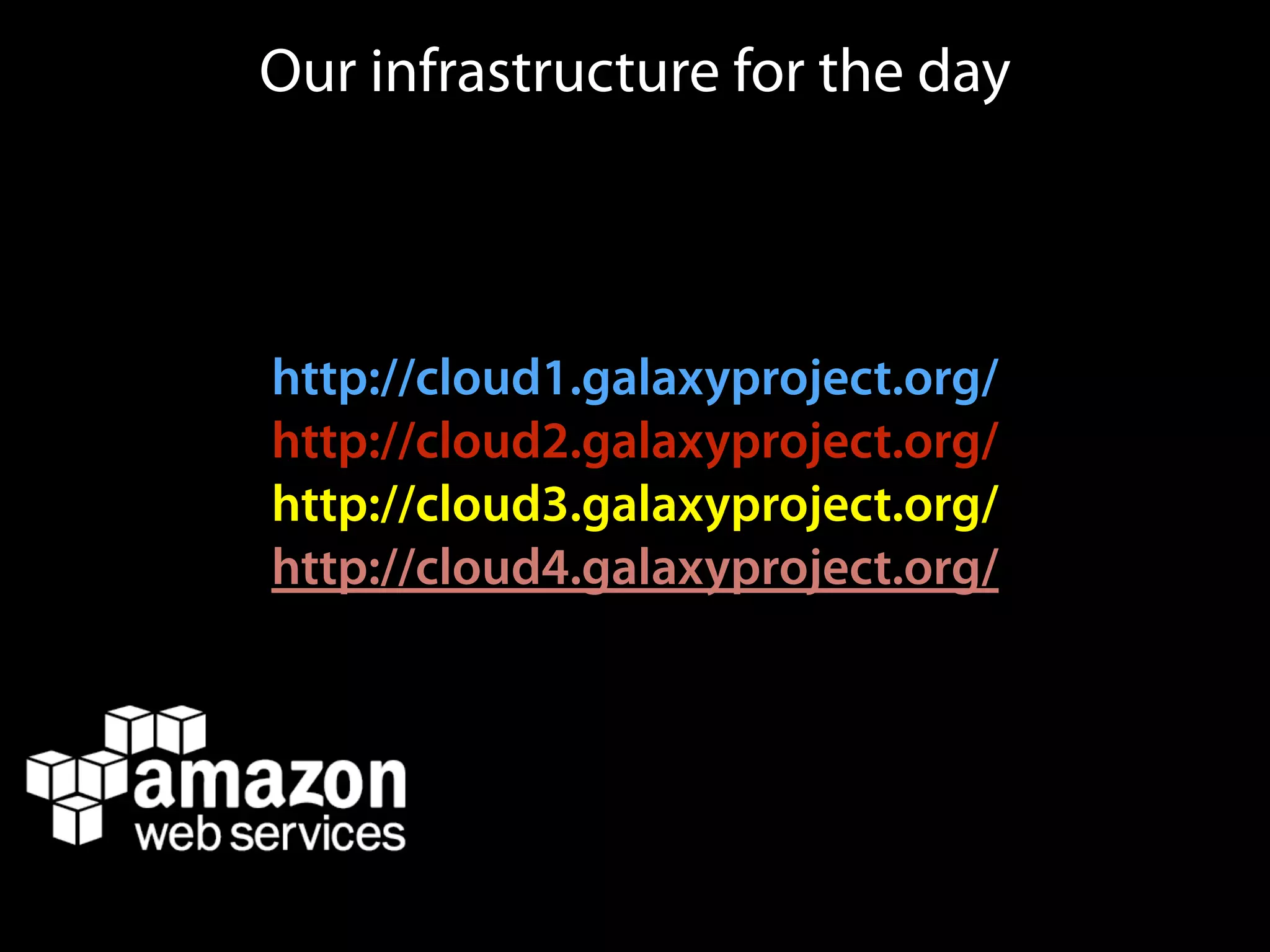 Our infrastructure for the day
http://cloud1.galaxyproject.org/
http://cloud2.galaxyproject.org/
http://cloud3.galaxyproject.org/
http://cloud4.galaxyproject.org/
 