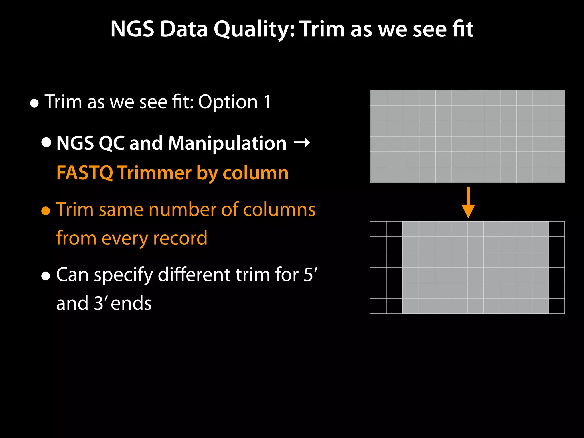 •Trim as we see ﬁt: Option 1
•NGS QC and Manipulation →
FASTQ Trimmer by column
•Trim same number of columns
from every record
•Can specify diﬀerent trim for 5’
and 3’ends
NGS Data Quality: Trim as we see ﬁt
 