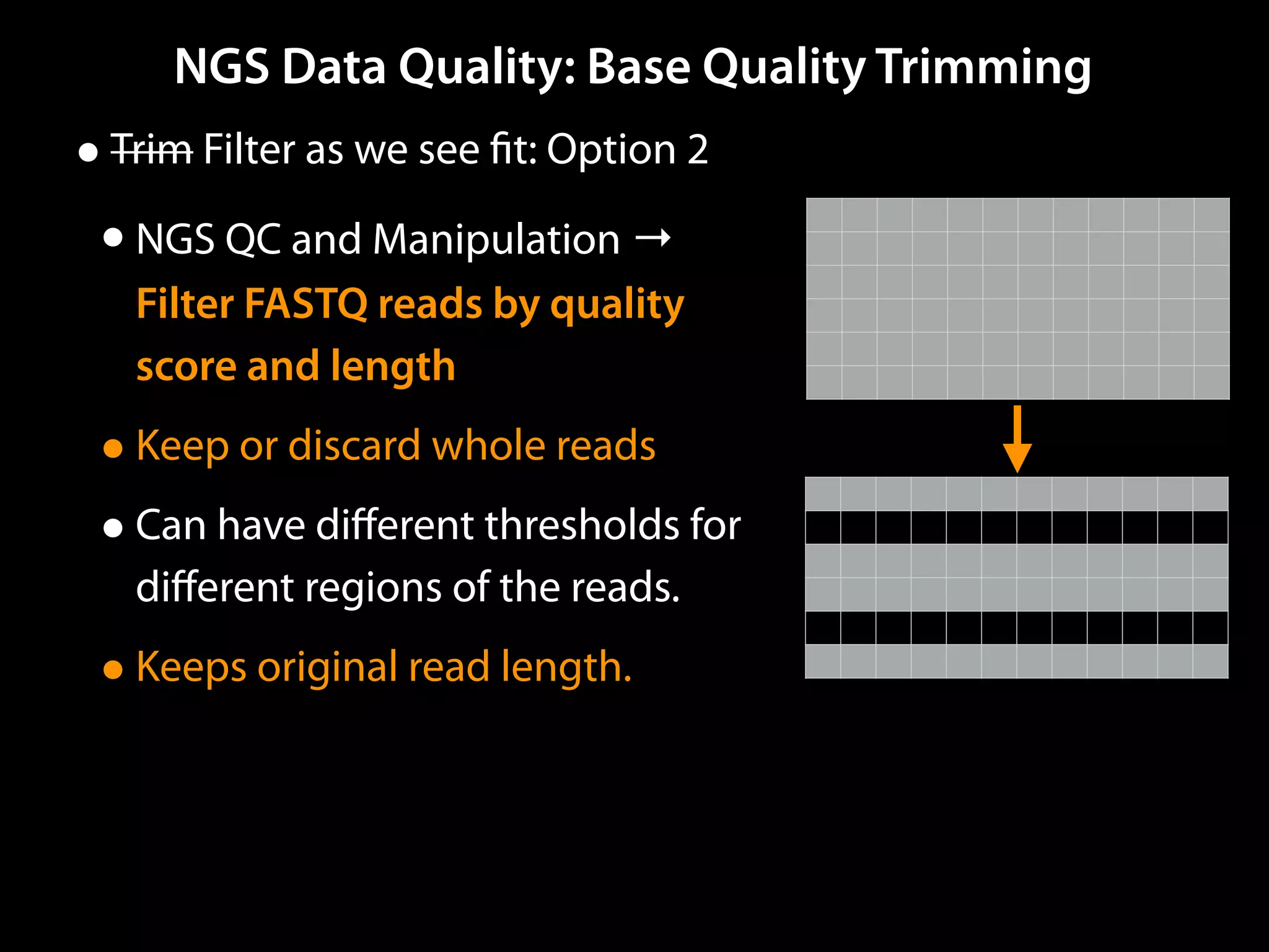 NGS Data Quality: Base Quality Trimming
•Trim Filter as we see ﬁt: Option 2
•NGS QC and Manipulation →
Filter FASTQ reads by quality
score and length
•Keep or discard whole reads
•Can have diﬀerent thresholds for
diﬀerent regions of the reads.
•Keeps original read length.
 