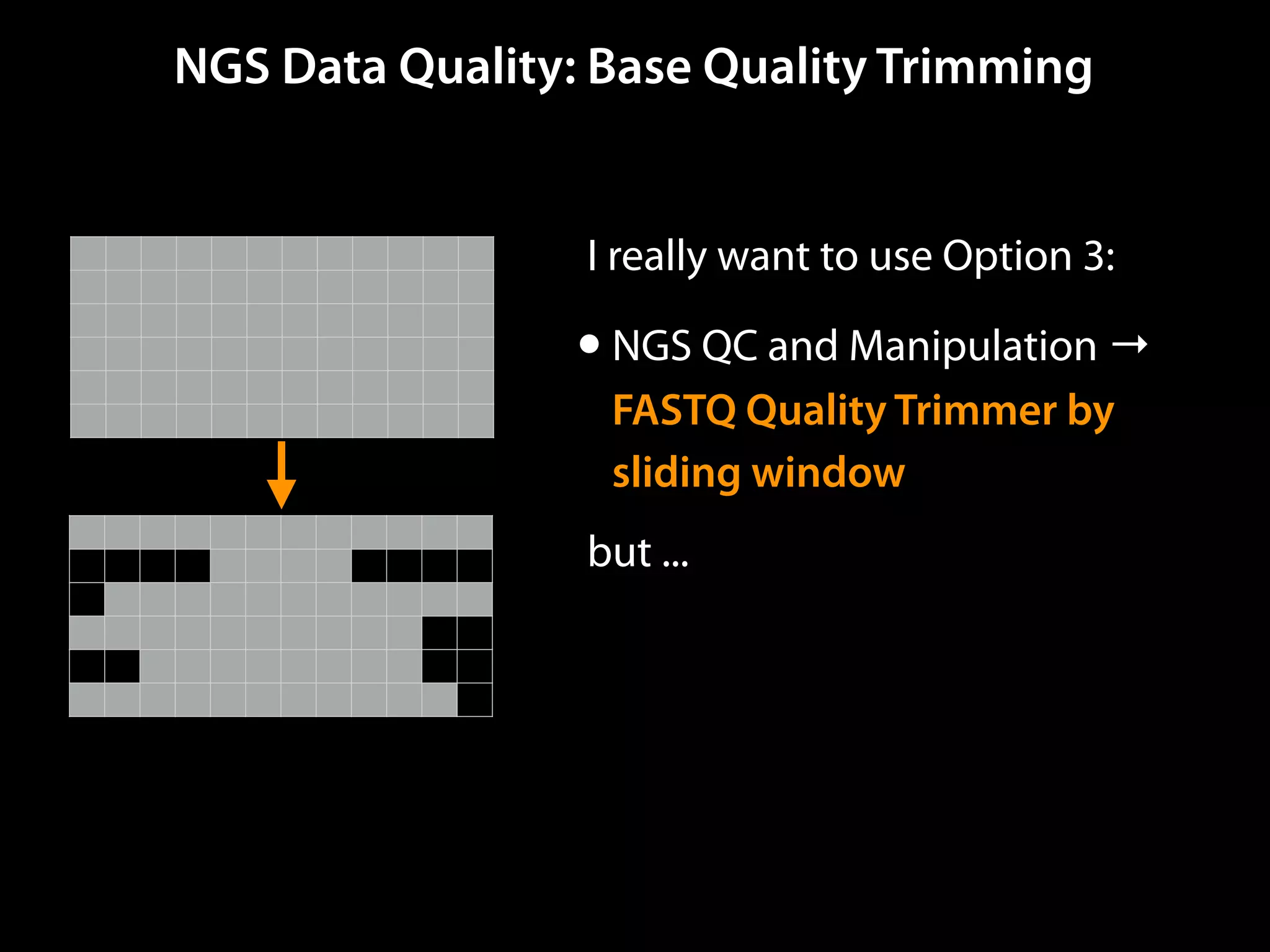 NGS Data Quality: Base Quality Trimming
I really want to use Option 3:
•NGS QC and Manipulation →
FASTQ Quality Trimmer by
sliding window
but ...
 