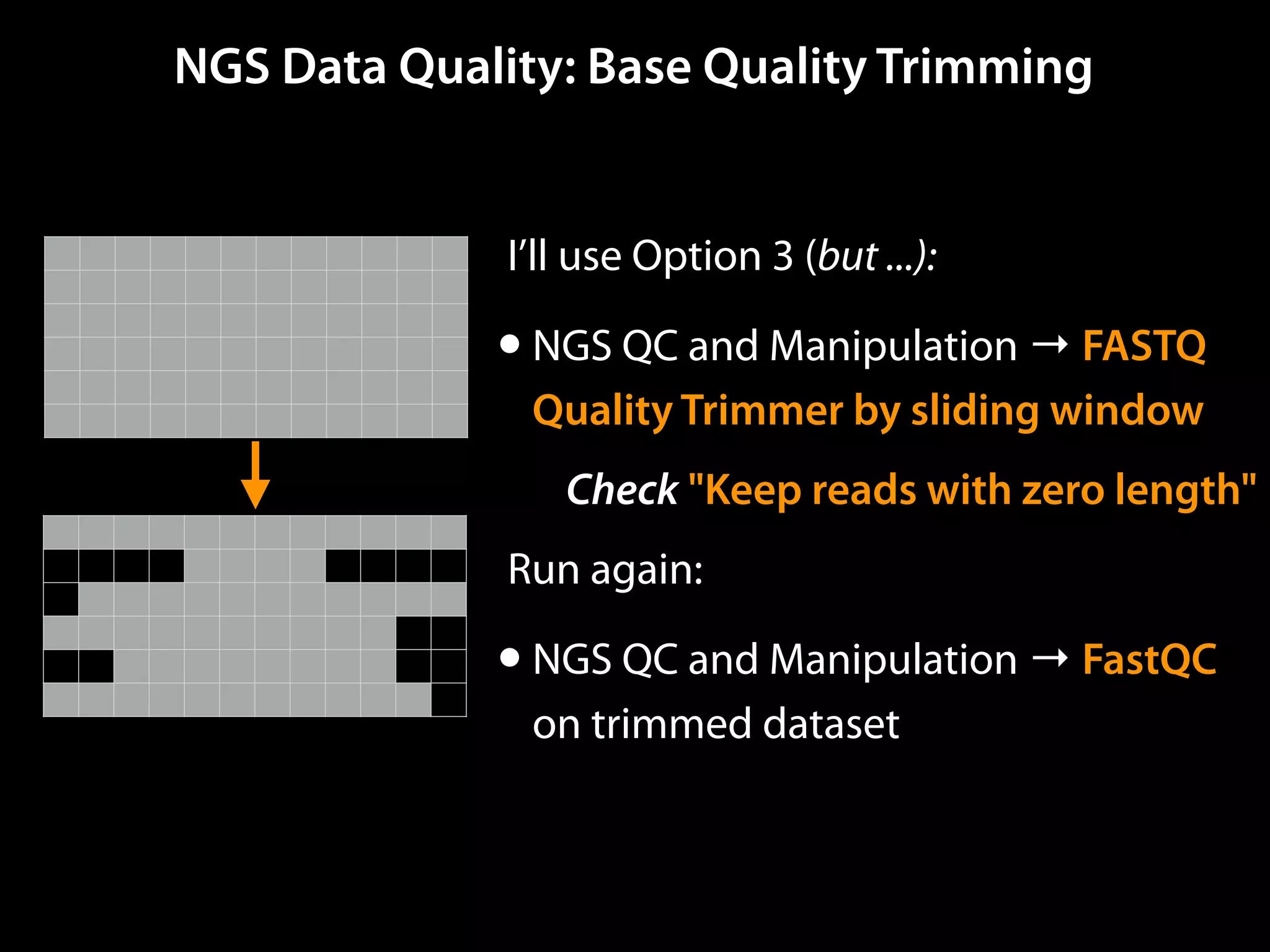 NGS Data Quality: Base Quality Trimming
I’ll use Option 3 (but ...):
•NGS QC and Manipulation → FASTQ
Quality Trimmer by sliding window
Check "Keep reads with zero length"
Run again:
•NGS QC and Manipulation → FastQC
on trimmed dataset
 