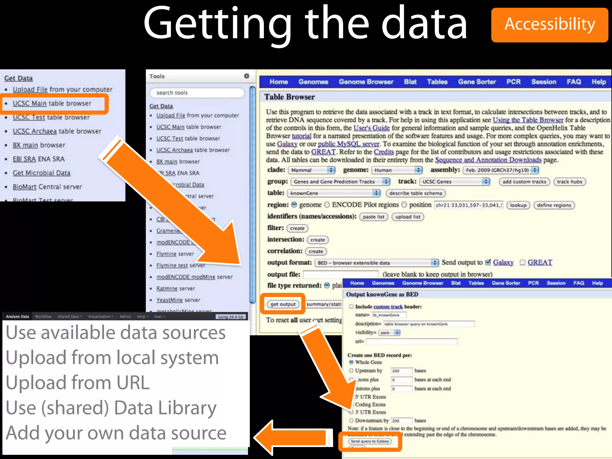Getting the data
Use available data sources
Upload from local system
Upload from URL
Use (shared) Data Library
Add your own data source
Accessibility
 