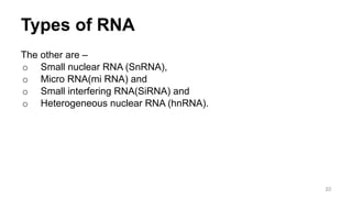 Types of RNA
The other are –
o Small nuclear RNA (SnRNA),
o Micro RNA(mi RNA) and
o Small interfering RNA(SiRNA) and
o Heterogeneous nuclear RNA (hnRNA).
20
 