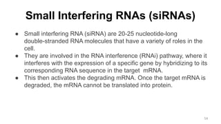 Small Interfering RNAs (siRNAs)
● Small interfering RNA (siRNA) are 20-25 nucleotide-long
double-stranded RNA molecules that have a variety of roles in the
cell.
● They are involved in the RNA interference (RNAi) pathway, where it
interferes with the expression of a specific gene by hybridizing to its
corresponding RNA sequence in the target mRNA.
● This then activates the degrading mRNA. Once the target mRNA is
degraded, the mRNA cannot be translated into protein.
54
 