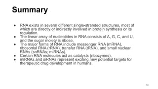 Summary
● RNA exists in several different single-stranded structures, most of
which are directly or indirectly involved in protein synthesis or its
regulation.
● The linear array of nucleotides in RNA consists of A, G, C, and U,
and the sugar moiety is ribose.
● The major forms of RNA include messenger RNA (mRNA),
ribosomal RNA (rRNA), transfer RNA (tRNA), and small nuclear
RNAs (snRNAs; miRNAs).
● Certain RNA molecules act as catalysts (ribozymes).
● miRNAs and siRNAs represent exciting new potential targets for
therapeutic drug development in humans.
58
 