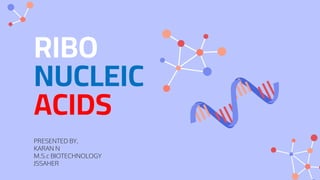 RIBO
NUCLEIC
ACIDS
PRESENTED BY,
KARAN N
M.S.c BIOTECHNOLOGY
JSSAHER
 