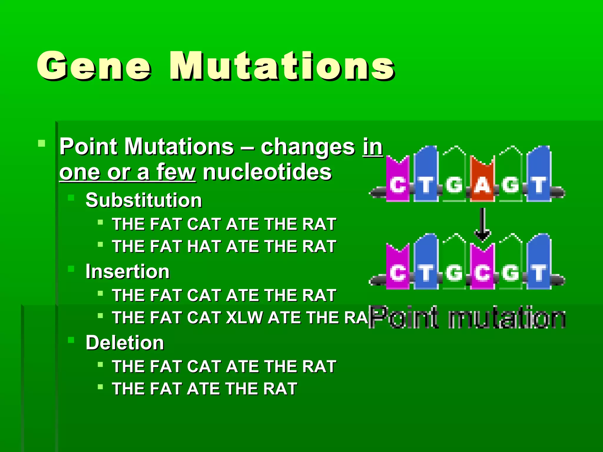 Gene Mutations

 Point Mutations – changes in
  one or a few nucleotides
   Substitution
      THE FAT CAT ATE THE RAT
      THE FAT HAT ATE THE RAT
   Insertion
      THE FAT CAT ATE THE RAT
      THE FAT CAT XLW ATE THE RAT
   Deletion
      THE FAT CAT ATE THE RAT
      THE FAT ATE THE RAT
 