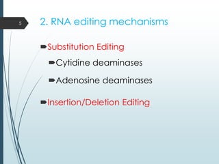 2. RNA editing mechanisms
Substitution Editing
Cytidine deaminases
Adenosine deaminases
Insertion/Deletion Editing
5
 