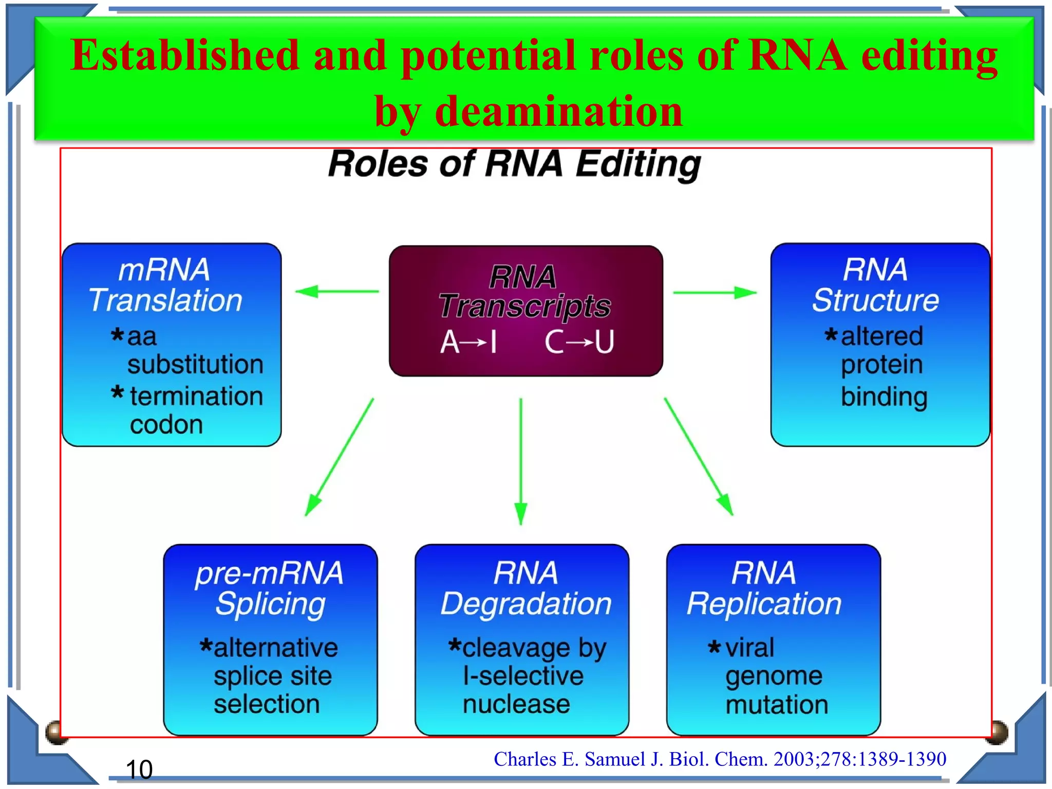 Charles E. Samuel J. Biol. Chem. 2003;278:1389-1390
10
Established and potential roles of RNA editing
by deamination
 