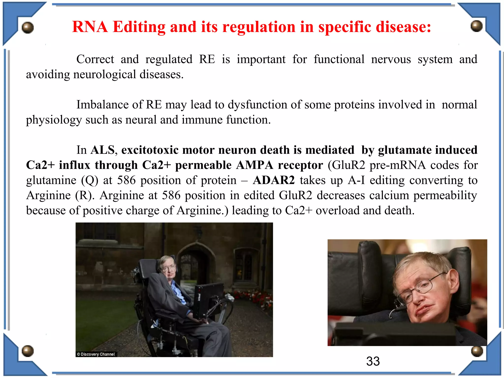 RNA Editing and its regulation in specific disease:
Correct and regulated RE is important for functional nervous system and
avoiding neurological diseases.
Imbalance of RE may lead to dysfunction of some proteins involved in normal
physiology such as neural and immune function.
In ALS, excitotoxic motor neuron death is mediated by glutamate induced
Ca2+ influx through Ca2+ permeable AMPA receptor (GluR2 pre-mRNA codes for
glutamine (Q) at 586 position of protein – ADAR2 takes up A-I editing converting to
Arginine (R). Arginine at 586 position in edited GluR2 decreases calcium permeability
because of positive charge of Arginine.) leading to Ca2+ overload and death.
33
 