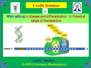 ARIJIT SHOME
M-5490 (Veterinary Biochemistry)
Credit Seminar
o
n
1
RNA editing in diseaseand differentiation : A Potential
target of therapeutics
 