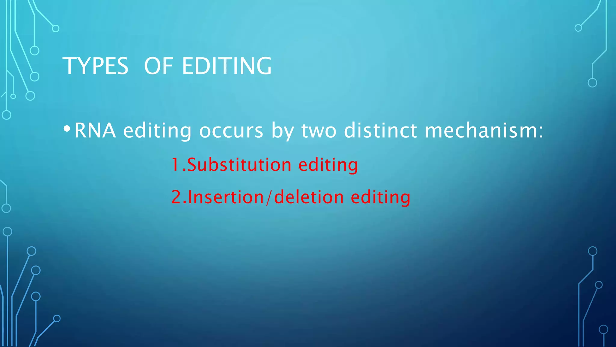 TYPES OF EDITING
•RNA editing occurs by two distinct mechanism:
1.Substitution editing
2.Insertion/deletion editing
 