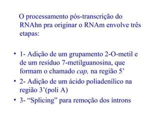 O processamento pós-transcrição do
RNAhn pra originar o RNAm envolve três
etapas:
• 1- Adição de um grupamento 2-O-metil e
de um resíduo 7-metilguanosina, que
formam o chamado cap, na região 5’
• 2- Adição de um ácido poliadenílico na
região 3’(poli A)
• 3- “Splicing” para remoção dos íntrons
 