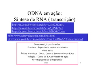 ODNA em ação:
    Síntese de RNA ( transcrição)
   http://br.youtube.com/watch?v=vJSmZ3DsntU
   http://br.youtube.com/watch?v=yZ_IPafioSU
   http://br.youtube.com/watch?v=u9dhO0iCLww
http://www.odnavaiaescola.com/links.htm
http://www.youtube.com/watch?v=TnoCLsslWoA&feature=related
                        O que você já precisa saber:
                 Proteínas : Importância e estrutura química
                                Nesta aula :
          Àcidos Nucléicos : DNA, Genes e Trasnscrição do RNA
               Tradução - Como os RNAs entram em ação
                      O código genético é degenerado
                                Ionara                          1
 