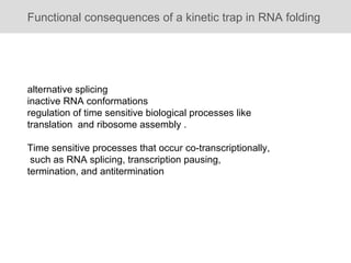 Functional consequences of a kinetic trap in RNA folding   alternative splicing  inactive RNA conformations  regulation of time sensitive biological processes like  translation  and ribosome assembly .  Time sensitive processes that occur co-transcriptionally, such as RNA splicing, transcription pausing,  termination, and antitermination  