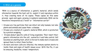 3. RNA as a genome
“RNA is a source of information, a genetic material, which sends
information towards the host cell to exploit it and reproduce within
it, thus creating more of its copies. These copies do this same
process again and again, growing in numbers numerously. RNA can be
therefore interpreted as a “brain” or “information carrier”
• Viruses are tiny particles that can infect not only humans, but also
plants and animals and cause them a disease.
• Viruses are created of a genetic material RNA, which is protected
by a protein wrapping.
• Viruses abduct specific cells of living organisms. Their insert their
genetic information into the cell, overwrite it and take control. Cell
becomes an unwilling host, which is forced to make more viruses and
spread them to infect them further.
• As more and more cells are infected, the immune system starts to
tackle them and signs of health issues occur. With the Flu, it can
be sneezing, headache, raised temperature.
 