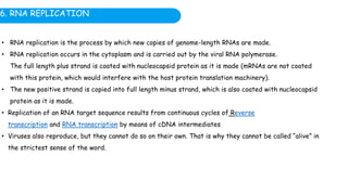 6. RNA REPLICATION
• RNA replication is the process by which new copies of genome-length RNAs are made.
• RNA replication occurs in the cytoplasm and is carried out by the viral RNA polymerase.
The full length plus strand is coated with nucleocapsid protein as it is made (mRNAs are not coated
with this protein, which would interfere with the host protein translation machinery).
• The new positive strand is copied into full length minus strand, which is also coated with nucleocapsid
protein as it is made.
• Replication of an RNA target sequence results from continuous cycles of Reverse
transcription and RNA transcription by means of cDNA intermediates
• Viruses also reproduce, but they cannot do so on their own. That is why they cannot be called “alive” in
the strictest sense of the word.
 