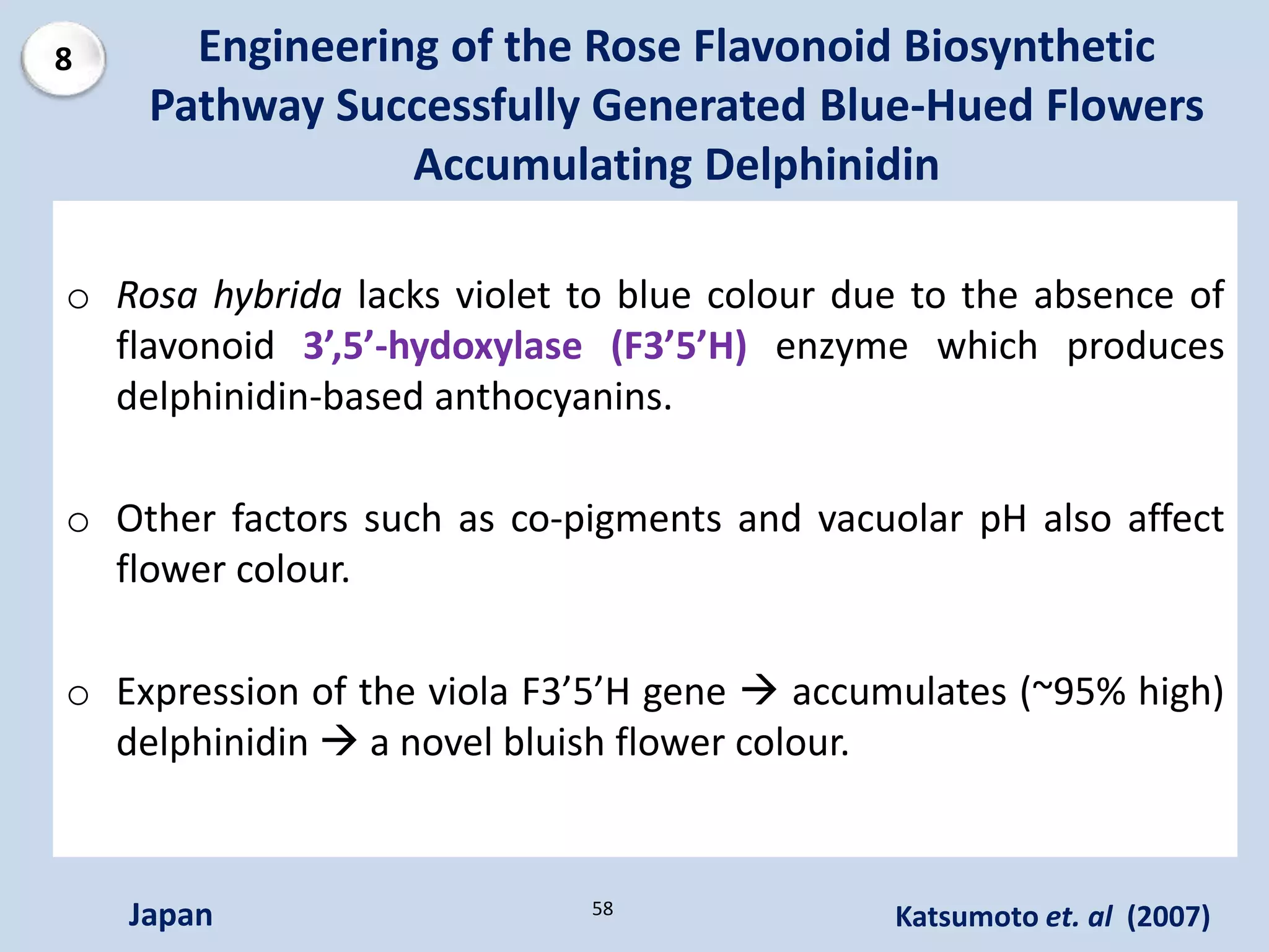 Engineering of the Rose Flavonoid Biosynthetic
Pathway Successfully Generated Blue-Hued Flowers
Accumulating Delphinidin
Katsumoto et. al (2007)Japan
o Rosa hybrida lacks violet to blue colour due to the absence of
flavonoid 3’,5’-hydoxylase (F3’5’H) enzyme which produces
delphinidin-based anthocyanins.
o Other factors such as co-pigments and vacuolar pH also affect
flower colour.
o Expression of the viola F3’5’H gene  accumulates (~95% high)
delphinidin  a novel bluish flower colour.
58
8
 