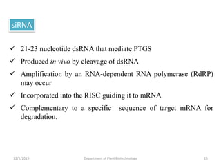 siRNA
 21-23 nucleotide dsRNA that mediate PTGS
 Produced in vivo by cleavage of dsRNA
 Amplification by an RNA-dependent RNA polymerase (RdRP)
may occur
 Incorporated into the RISC guiding it to mRNA
 Complementary to a specific sequence of target mRNA for
degradation.
15Department of Plant Biotechnology12/1/2019
 