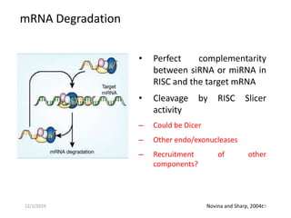 mRNA Degradation
• Perfect complementarity
between siRNA or miRNA in
RISC and the target mRNA
• Cleavage by RISC Slicer
activity
– Could be Dicer
– Other endo/exonucleases
– Recruitment of other
components?
Novina and Sharp, 2004c2912/1/2019
 