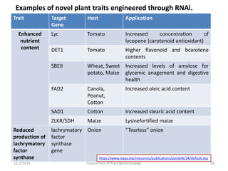 Trait Target
Gene
Host Application
Enhanced
nutrient
content
Lyc Tomato Increased concentration of
lycopene (carotenoid antioxidant)
DET1 Tomato Higher flavonoid and bcarotene
contents
SBEII Wheat, Sweet
potato, Maize
Increased levels of amylose for
glycemic anagement and digestive
health
FAD2 Canola,
Peanut,
Cotton
Increased oleic acid content
SAD1 Cotton Increased stearic acid content
ZLKR/SDH Maize Lysinefortified maize
Reduced
production of
lachrymatory
factor
synthase
lachrymatory
factor
synthase
gene
Onion “Tearless” onion
Examples of novel plant traits engineered through RNAi.
38Department of Plant Biotechnology12/1/2019
https://www.isaaa.org/resources/publications/pocketk/34/default.asp
 