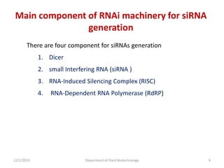 There are four component for siRNAs generation
1. Dicer
2. small Interfering RNA (siRNA )
3. RNA-Induced Silencing Complex (RISC)
4. RNA-Dependent RNA Polymerase (RdRP)
Main component of RNAi machinery for siRNA
generation
9Department of Plant Biotechnology12/1/2019
 