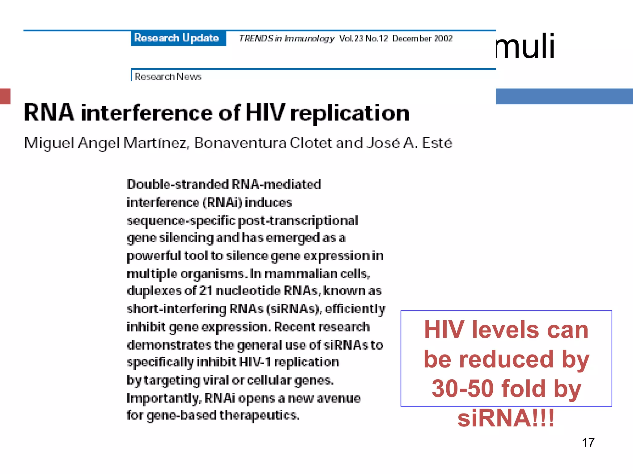 Responses to Mechanical Stimuli 
HIV levels can 
be reduced by 
30-50 fold by 
17 
siRNA!!! 
 