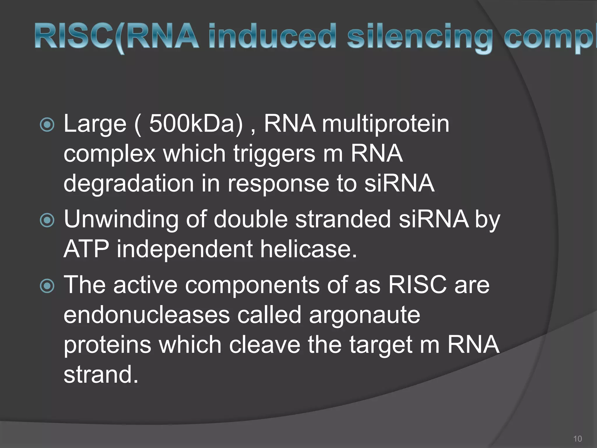  Large ( 500kDa) , RNA multiprotein
complex which triggers m RNA
degradation in response to siRNA
 Unwinding of double stranded siRNA by
ATP independent helicase.
 The active components of as RISC are
endonucleases called argonaute
proteins which cleave the target m RNA
strand.
10
 