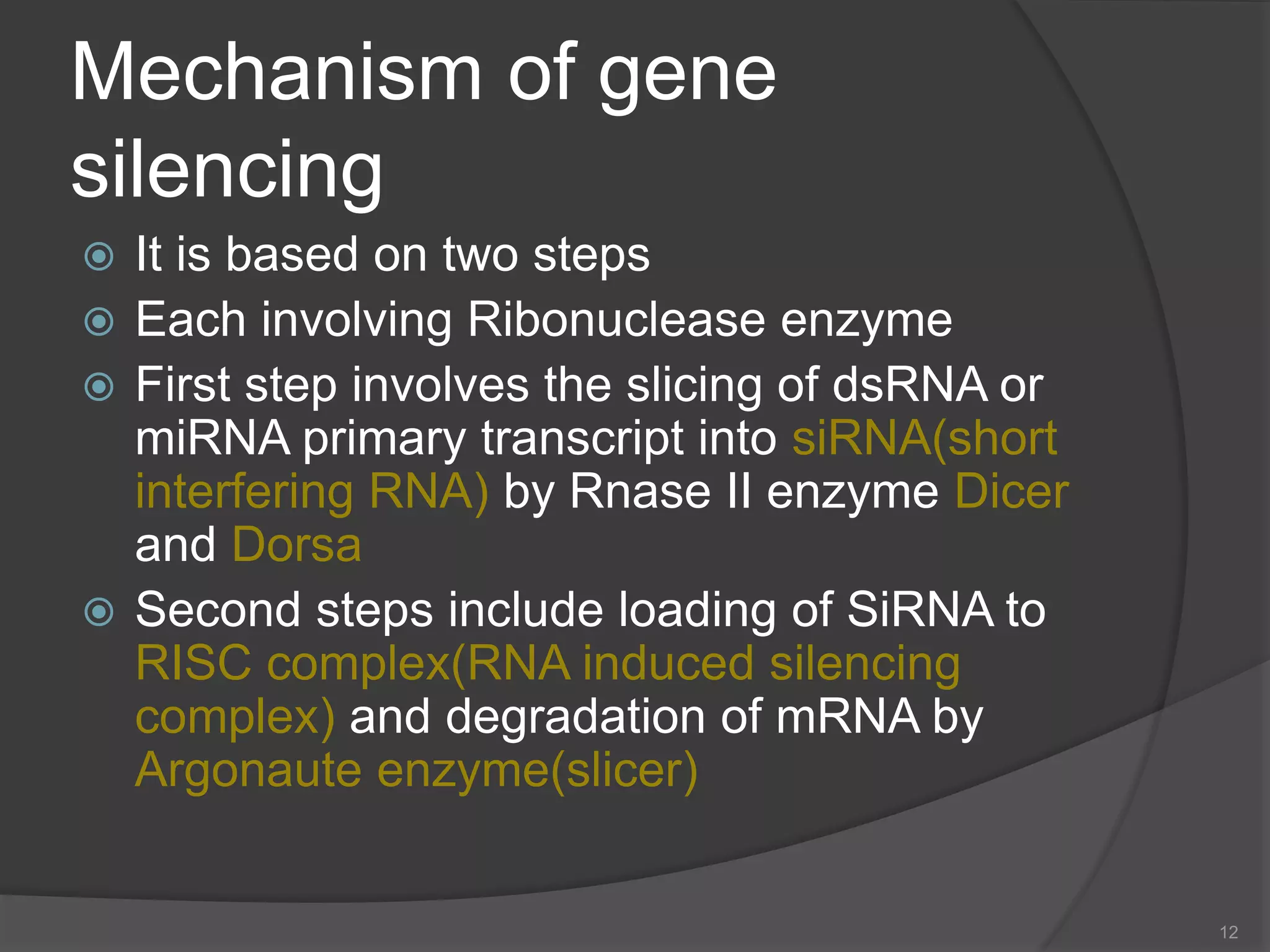Mechanism of gene
silencing
 It is based on two steps
 Each involving Ribonuclease enzyme
 First step involves the slicing of dsRNA or
miRNA primary transcript into siRNA(short
interfering RNA) by Rnase II enzyme Dicer
and Dorsa
 Second steps include loading of SiRNA to
RISC complex(RNA induced silencing
complex) and degradation of mRNA by
Argonaute enzyme(slicer)
12
 