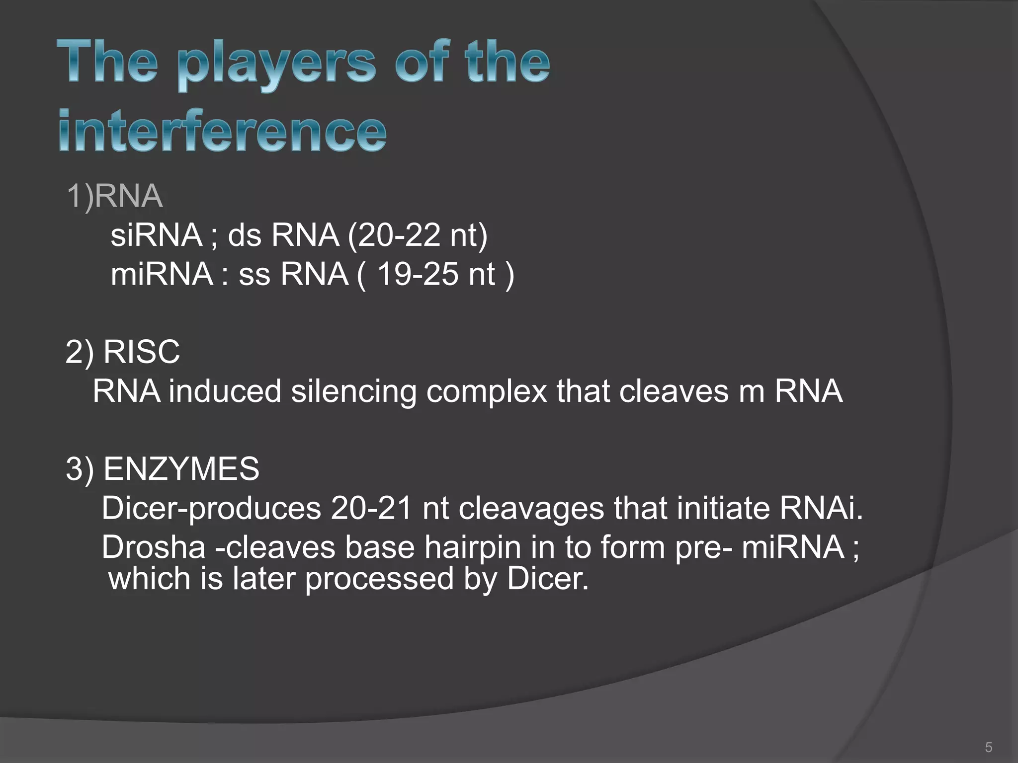 1)RNA
siRNA ; ds RNA (20-22 nt)
miRNA : ss RNA ( 19-25 nt )
2) RISC
RNA induced silencing complex that cleaves m RNA
3) ENZYMES
Dicer-produces 20-21 nt cleavages that initiate RNAi.
Drosha -cleaves base hairpin in to form pre- miRNA ;
which is later processed by Dicer.
5
 