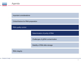 Sample to Insight
IntroductionImportant considerations
Agenda
11
Critical factors for RNA preparation
RNA quality control
Determination of purity of RNA
Challenges of gDNA contamination
Stability of RNA after storage
RNA integrity
 