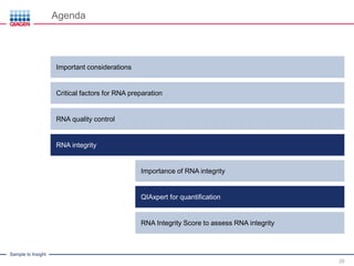 Sample to Insight
IntroductionImportant considerations
Agenda
29
Critical factors for RNA preparation
RNA quality control
RNA Integrity Score to assess RNA integrity
Importance of RNA integrity
QIAxpert for quantification
RNA integrity
 
