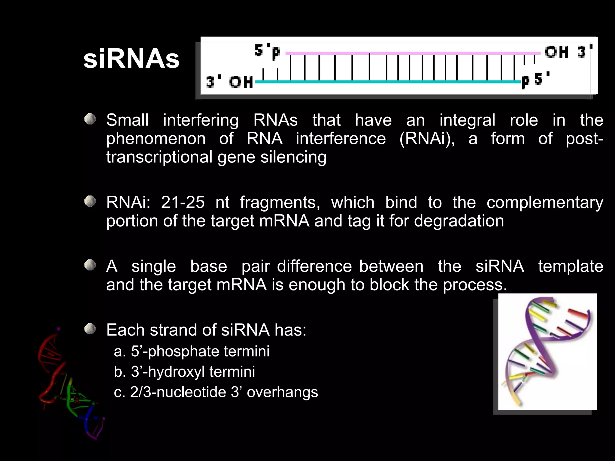 siRNAs

 Small interfering RNAs that have an integral role in the
 phenomenon of RNA interference (RNAi), a form of post-
 transcriptional gene silencing

 RNAi: 21-25 nt fragments, which bind to the complementary
 portion of the target mRNA and tag it for degradation

 A single base pair difference between the siRNA template
 and the target mRNA is enough to block the process.

 Each strand of siRNA has:
 a. 5’-phosphate termini
 b. 3’-hydroxyl termini
 c. 2/3-nucleotide 3’ overhangs
 