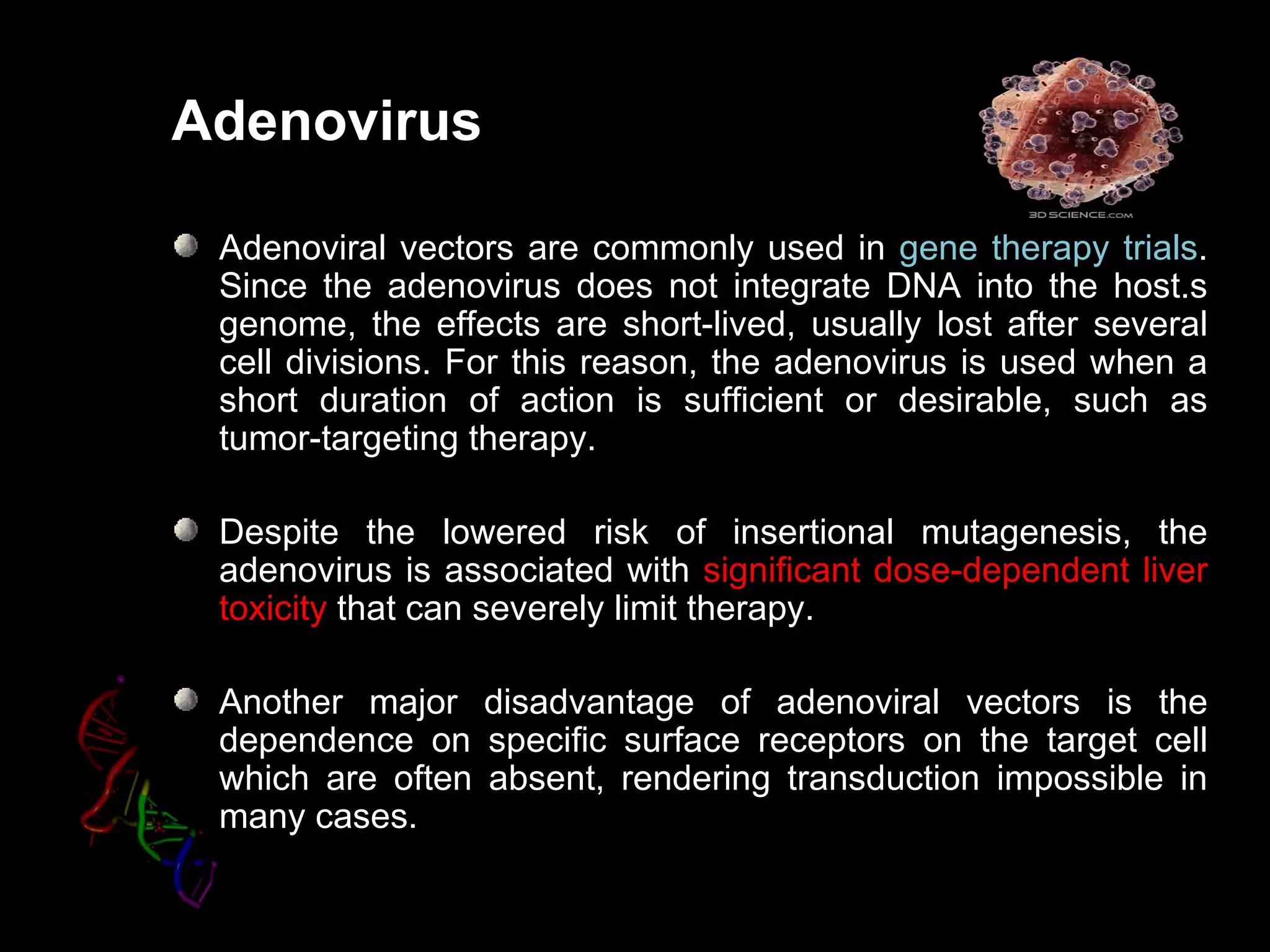 Adenovirus

 Adenoviral vectors are commonly used in gene therapy trials.
 Since the adenovirus does not integrate DNA into the host.s
 genome, the effects are short-lived, usually lost after several
 cell divisions. For this reason, the adenovirus is used when a
 short duration of action is sufficient or desirable, such as
 tumor-targeting therapy.

 Despite the lowered risk of insertional mutagenesis, the
 adenovirus is associated with significant dose-dependent liver
 toxicity that can severely limit therapy.

 Another major disadvantage of adenoviral vectors is the
 dependence on specific surface receptors on the target cell
 which are often absent, rendering transduction impossible in
 many cases.
 