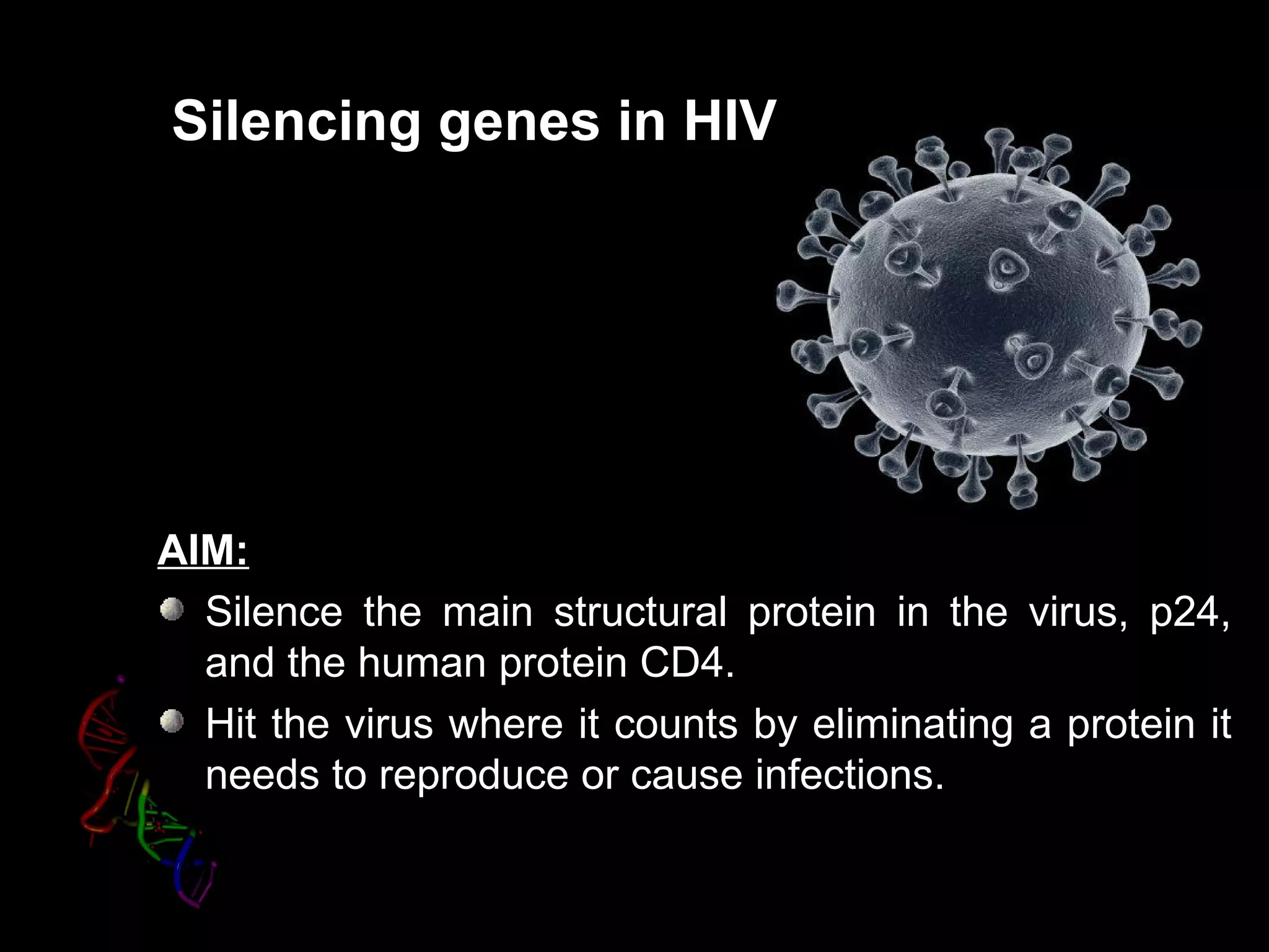Silencing genes in HIV




AIM:
  Silence the main structural protein in the virus, p24,
  and the human protein CD4.
  Hit the virus where it counts by eliminating a protein it
  needs to reproduce or cause infections.
 