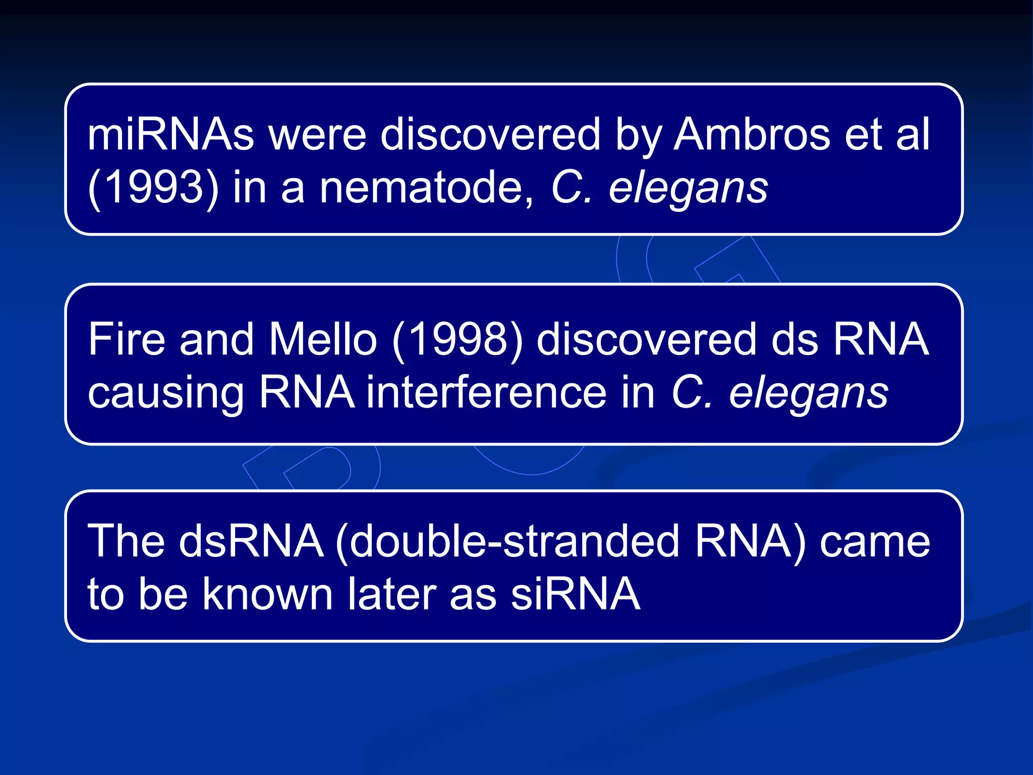 miRNAs were discovered by Ambros et al
(1993) in a nematode, C. elegans
Fire and Mello (1998) discovered ds RNA
causing RNA interference in C. elegans
The dsRNA (double-stranded RNA) came
to be known later as siRNA
 