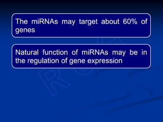 The miRNAs may target about 60% of
genes
Natural function of miRNAs may be in
the regulation of gene expression
 