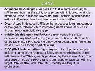 siRNA
• Antisense RNA: Single-stranded RNA that is complementary to
mRNA and thus has the ability to base pair with it. Like other single-
stranded RNAs, antisense RNAs are quite unstable by comparison
with dsRNA unless they have been chemically modified.
• Dicer: A type III ds-specific RNase that processes long (endogenous
or foreign) dsRNA into 21- to 25-bp fragments known as siRNAs
through endonucleolytic cleavage.
• dsRNA (double-stranded RNA): A duplex consisting of two
complementary RNA molecules (sense and antisense) that can be
cut by Dicer into siRNAs. dsRNA may be endogenous or foreign but
mostly it will be a foreign particle (virus).
• RISC (RNA-induced silencing complex): A multiprotein complex,
including some of the Argonaute family proteins, which associates
with the short siRNA fragments produced by the enzyme Dicer. The
antisense or “guide” siRNA strand is then used to base pair with the
target RNA (mRNA, viral RNA, etc.), thereby marking it for
destruction.
 