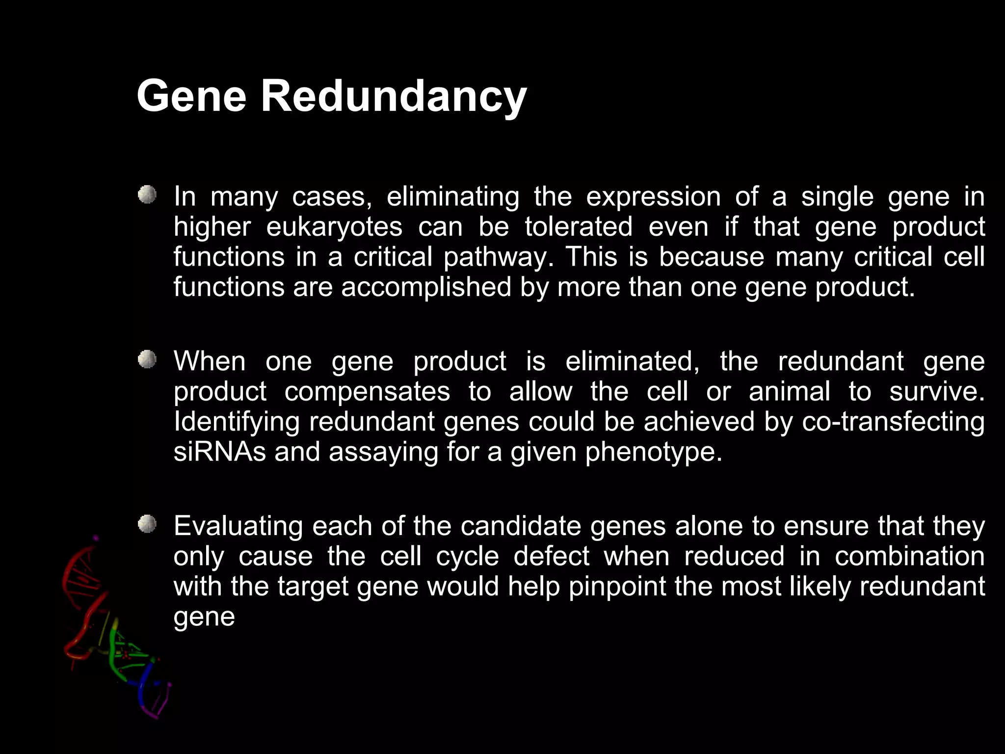 Gene Redundancy
In many cases, eliminating the expression of a single gene in
higher eukaryotes can be tolerated even if that gene product
functions in a critical pathway. This is because many critical cell
functions are accomplished by more than one gene product.
When one gene product is eliminated, the redundant gene
product compensates to allow the cell or animal to survive.
Identifying redundant genes could be achieved by co-transfecting
siRNAs and assaying for a given phenotype.
Evaluating each of the candidate genes alone to ensure that they
only cause the cell cycle defect when reduced in combination
with the target gene would help pinpoint the most likely redundant
gene
 