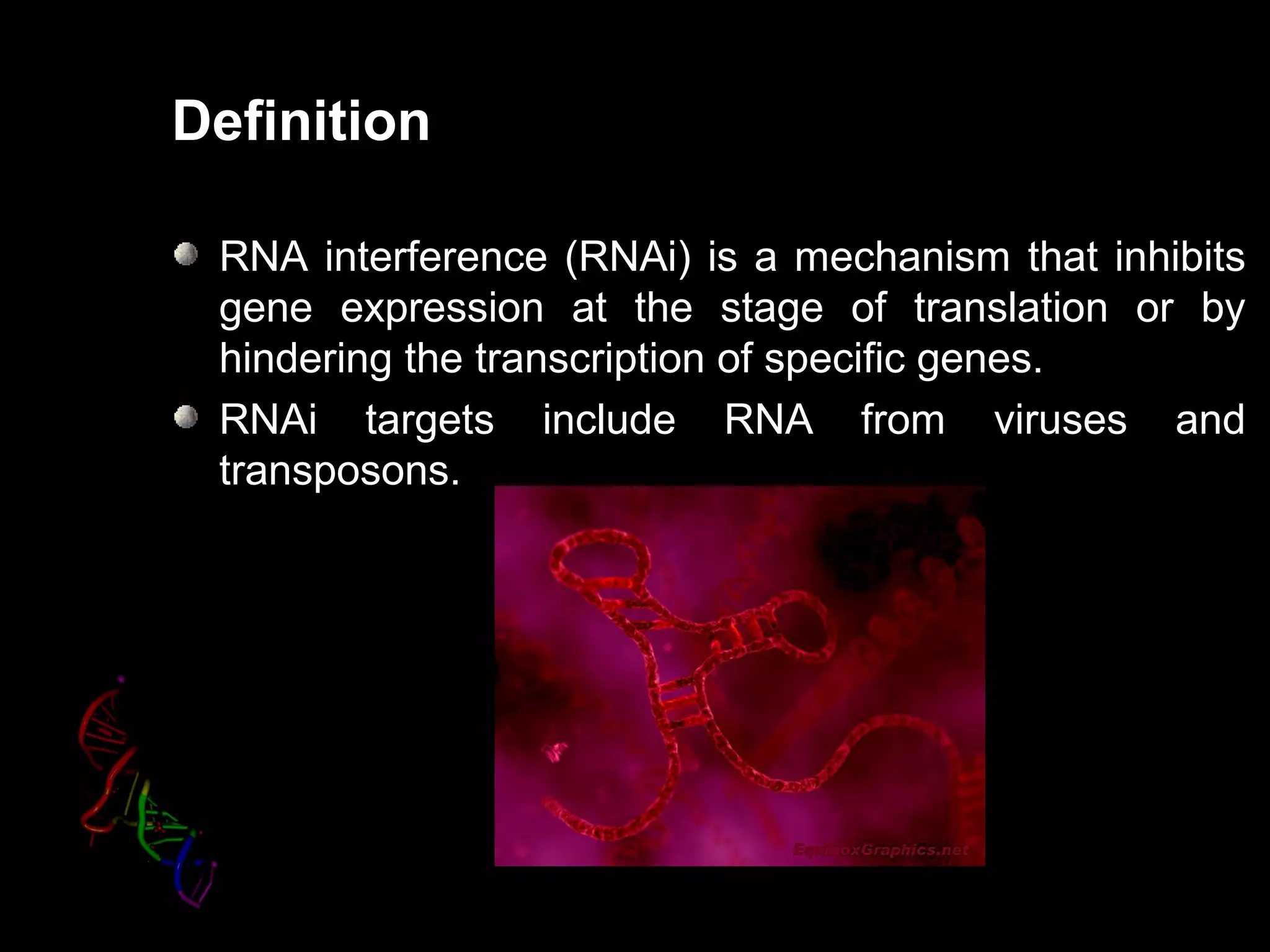 Definition
RNA interference (RNAi) is a mechanism that inhibits
gene expression at the stage of translation or by
hindering the transcription of specific genes.
RNAi targets include RNA from viruses and
transposons.
 