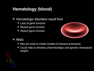 Hematology (blood)
Hematologic disorders result from
Loss of gene function
Mutant gene function
Absent gene function
RNAi
May be used to create models of disease processes
Could help to develop pharmacologic and genetic therapeutic
targets
 
