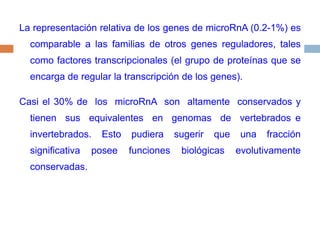 La representación relativa de los genes de microRnA (0.2-1%) es comparable a las familias de otros genes reguladores, tales como factores transcripcionales (el grupo de proteínas que se encarga de regular la transcripción de los genes). Casi el 30% de  los  microRnA  son  altamente  conservados y  tienen  sus  equivalentes  en  genomas  de  vertebrados e invertebrados. Esto pudiera sugerir que una fracción significativa posee funciones biológicas evolutivamente conservadas. 