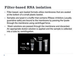 Filter-based RNA isolation
 Filter-based, spin basket formats utilize membranes that are seated
at the bottom of a small plastic basket.
 Samples are lysed in a buffer that contains RNase inhibitors (usually
guanidine salts),are bound to the membrane by passing the lysate
through the membrane using centrifugal force.
 Wash solutions are passed through the membrane and discarded.
An appropriate elution solution is applied and the sample is collected
into a tube by centrifugation.

 