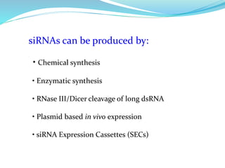 siRNAs can be produced by:
• Chemical synthesis
• Enzymatic synthesis
• RNase III/Dicer cleavage of long dsRNA
• Plasmid based in vivo expression
• siRNA Expression Cassettes (SECs)
 