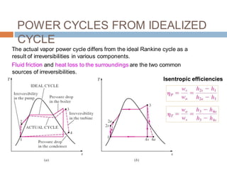 POWER CYCLES FROM IDEALIZED
CYCLE
The actual vapor power cycle differs from the ideal Rankine cycle as a
result of irreversibilities in various components.
Fluid friction and heat loss to the surroundings are the two common
sources of irreversibilities.
Isentropic efficiencies
 