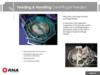 SLIDE 14
• Motor-powered for low noise levels
• Preferable for light plastic parts
(rotationally symmetrical)
• High feeding rates
• Low maintenance reliable.
Feeding & Handling Centrifugal Feeders
RNA offers a full range of tooled
centrifugal feeders.
In association with Hoppmann
Corporation of the USA, the world’s
number one in centrifugal feeders
and systems, RNA can now offer a
full range of tooled centrifugal
feeders.
 