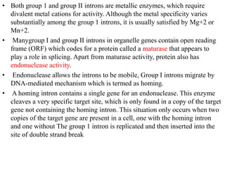 • Both group 1 and group II introns are metallic enzymes, which require
divalent metal cations for activity. Although the metal specificity varies
substantially among the group 1 introns, it is usually satisfied by Mg+2 or
Mn+2.
• Manygroup I and group II introns in organelle genes contain open reading
frame (ORF) which codes for a protein called a maturase that appears to
play a role in splicing. Apart from maturase activity, protein also has
endonuclease activity.
• Endonuclease allows the introns to be mobile, Group I introns migrate by
DNA-mediated mechanism which is termed as homing.
• A homing intron contains a single gene for an endonuclease. This enzyme
cleaves a very specific target site, which is only found in a copy of the target
gene not containing the homing intron. This situation only occurs when two
copies of the target gene are present in a cell, one with the homing intron
and one without The group 1 intron is replicated and then inserted into the
site of double strand break
 