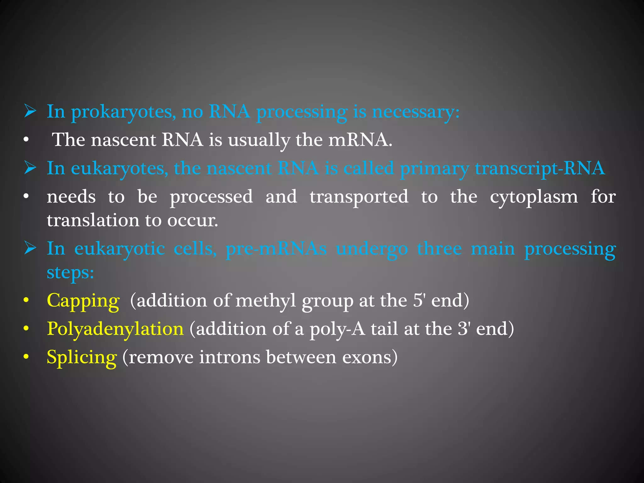  In prokaryotes, no RNA processing is necessary:
• The nascent RNA is usually the mRNA.
 In eukaryotes, the nascent RNA is called primary transcript-RNA
• needs to be processed and transported to the cytoplasm for
translation to occur.
 In eukaryotic cells, pre-mRNAs undergo three main processing
steps:
• Capping (addition of methyl group at the 5' end)
• Polyadenylation (addition of a poly-A tail at the 3' end)
• Splicing (remove introns between exons)
 
