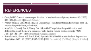 REFERENCES
• Campbell K, Cortical neuron specification: It has its time and place, Neuron. 46 (2005)
373–376. [PubMed] [Google Scholar]
• Pranav Kumar, Usha Mina, (2021). Lifesciences : Fundamentals and practices part-11,
Pathfinder publication, 8th edition.
• Mao S, Li H, Sun Q, Zen K, Zhang C-Y, Li L, miR-17 regulates the proliferation and
differentiation of the neural precursor cells during mouse corticogenesis, FEBS
J 281 (2014) 1144–1158. [PubMed] [Google Scholar]
• Roundtree IA, Evans ME, Pan T, He C, Dynamic RNA Modifications in Gene Expression
Regulation, Cell. 169 (2017) 1187–1200. [PMC free article] [PubMed] [Google Scholar]
 