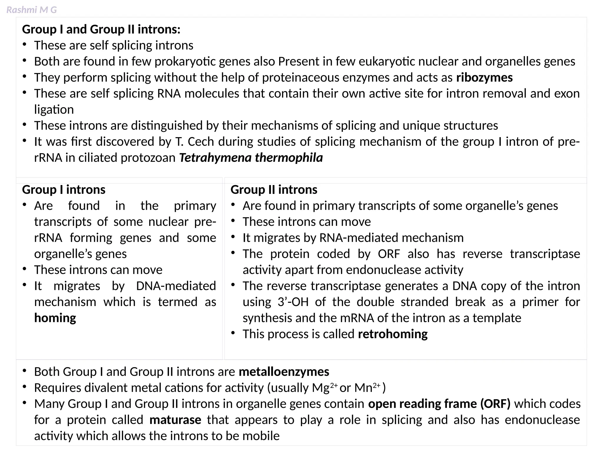 Rashmi M G
Group I and Group II introns:
• These are self splicing introns
• Both are found in few prokaryotic genes also Present in few eukaryotic nuclear and organelles genes
• They perform splicing without the help of proteinaceous enzymes and acts as ribozymes
• These are self splicing RNA molecules that contain their own active site for intron removal and exon
ligation
• These introns are distinguished by their mechanisms of splicing and unique structures
• It was first discovered by T. Cech during studies of splicing mechanism of the group I intron of pre-
rRNA in ciliated protozoan Tetrahymena thermophila
Group I introns
• Are found in the primary
transcripts of some nuclear pre-
rRNA forming genes and some
organelle’s genes
• These introns can move
• It migrates by DNA-mediated
mechanism which is termed as
homing
Group II introns
• Are found in primary transcripts of some organelle’s genes
• These introns can move
• It migrates by RNA-mediated mechanism
• The protein coded by ORF also has reverse transcriptase
activity apart from endonuclease activity
• The reverse transcriptase generates a DNA copy of the intron
using 3’-OH of the double stranded break as a primer for
synthesis and the mRNA of the intron as a template
• This process is called retrohoming
• Both Group I and Group II introns are metalloenzymes
• Requires divalent metal cations for activity (usually Mg2+
or Mn2+
)
• Many Group I and Group II introns in organelle genes contain open reading frame (ORF) which codes
for a protein called maturase that appears to play a role in splicing and also has endonuclease
activity which allows the introns to be mobile
 